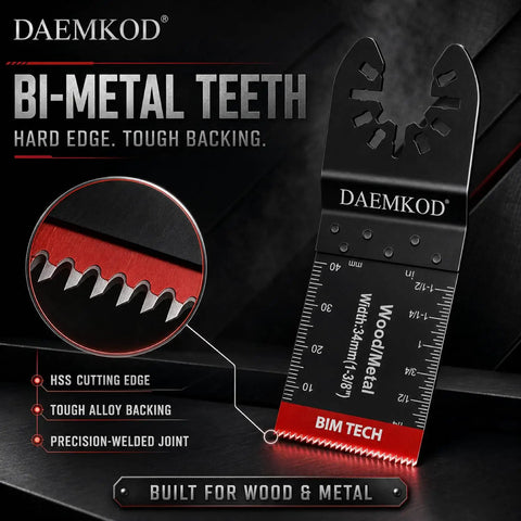 Fifty Piece Bimetal Oscillating Multi Tool Blades For Wood And Plastic Demolition Work Built Like A Tank Heavy Duty Replacement Saw Accessories With Knockout Durability, close-up of bi-metal teeth and cutting edge.