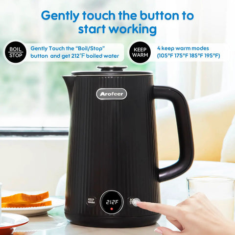 1.7L Large Electric Kettle With Temperature Control, 7 Cup Capacity, Black, showing digital display and touch button, ideal for home or office.