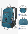 Blue Ultra Lightweight 20L Packable Daypack For Travel, Hiking And Camping, Foldable And Compact, shown with size details.