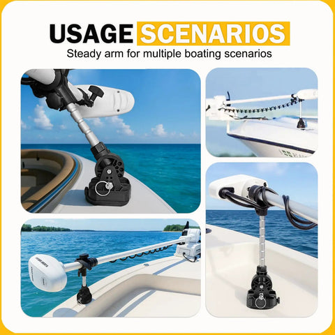 Stabilizer Mount For Trolling Motors With Fold Down Bracket And Adjustable Arm, Marine Grade Anti Bounce Design installed on boat.