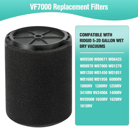 VF7000 Wet Vacuum Filter Replacement Pack for Ridgid and Husky Shop Vacuums, foam filter, compatibility chart shown