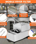 Heavy Duty Commercial Deep Fryer Filter Cart 550W Oil Filler Machine With Pump. Stainless steel mobile fryer filter with wheels.