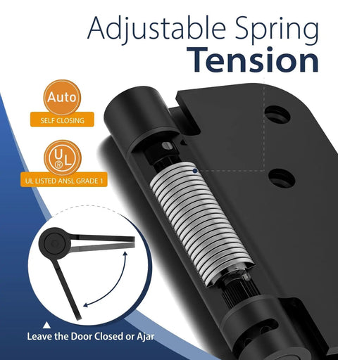 Close-up of adjustable spring tension in 3 Pack 4 Inch Self Closing Door Hinges Showing Off Slick Smooth Operation In Matte Black Finish.