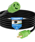 Heavy Duty Nema L6 30 Twist Lock Extension Cord 20 Foot Generator Power Cable 30 Amp with green plug and black cable.