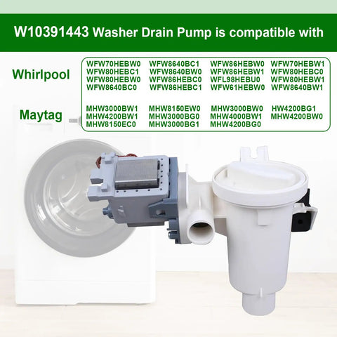 Washer Drain Pump Replacement Kit For Whirlpool Maytag Amana Washers W10391443 with attached filter and outlet.