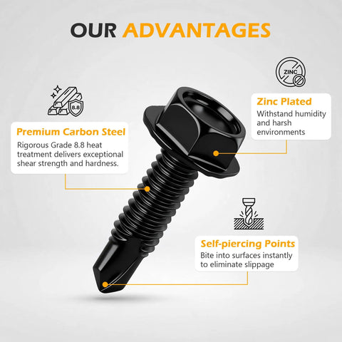 Quarter Inch Hex Washer Head Self Drilling Screws 25 Pcs Industrial Grade 8 8 Heat Treated Carbon Steel Zinc Plated Self Tapping Fasteners