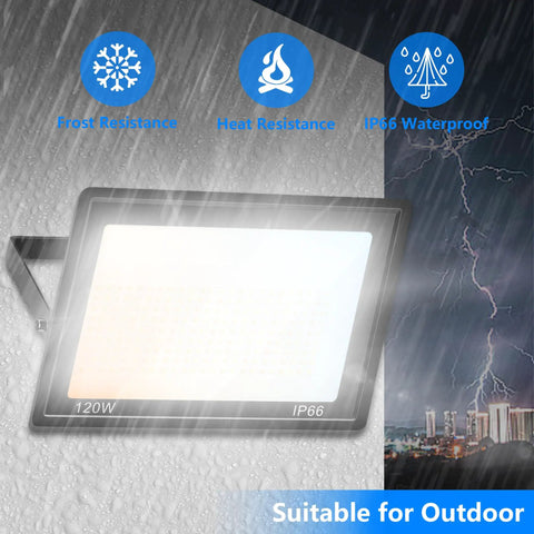 Tough As Nails 120W Led Flood Lights Outdoor Rock Solid 14000 Lumens in rain, showcasing IP66 waterproof rating and frost resistance.