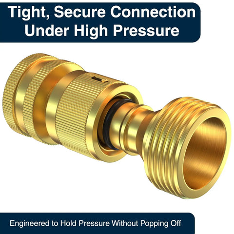 Close-up of Heavy Duty Brass Garden Hose Quick Connect Fittings Set With Leak Proof Seal Three Quarter Inch Water Hose Connectors for secure connection.