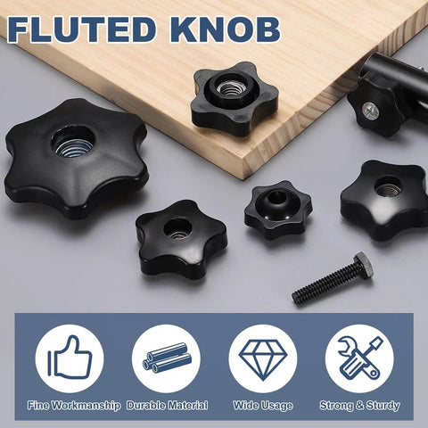 Black 2 Pack Star Clamping Knobs Featuring Fluted Grips 3 8 24 Unf Threads Made From Solid Plastic And Reinforced Iron Insert, assorted sizes.