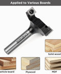 Beefy CNC Spoilboard Surfacing Router Bit With One Half Inch Shank Three Inch Diameter displayed with wood types