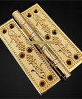 Heavy Duty Solid Brass Door Hinges With Smooth As Butter Swinging Ball Bearings And Rock Solid Construction Plus Mounting Screws For Top Notch Wood Doors And Thick Gates In Rich Gold Tone, detailed ornate design.