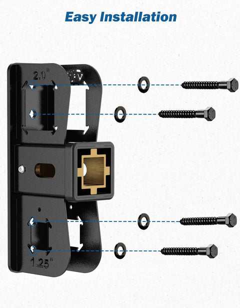 Heavy Duty Hitch Wall Mount For Garage Storage Designed To Fit One Point Two Five Or Two Inch Receivers While Locking Down Your Bikes Cargo Cases And Ski Gear Zero Fuss Install, showing installation screws and adjustable fittings.