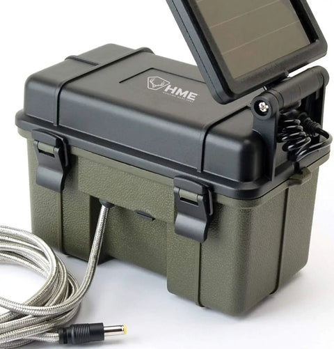 Rugged Weatherproof Twelve Volt Solar Power Bank For Trail Cameras Extended Runtime Wildlife Game Monitoring Supply, sealed black box with solar panel.