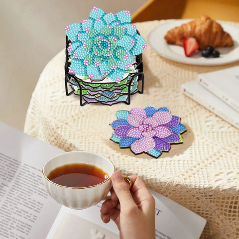 Succulent Diamond Art Coaster Set With Holder And Cork Bases, 8 Piece Flower Diamond Painting Coaster Kit For Beginners And Adults on table