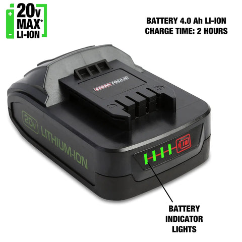 Heavy Duty Four Inch Cordless Angle Grinder With 20V Lithium Ion Battery And 4 Amp Hour Power Pack battery with charge indicators.