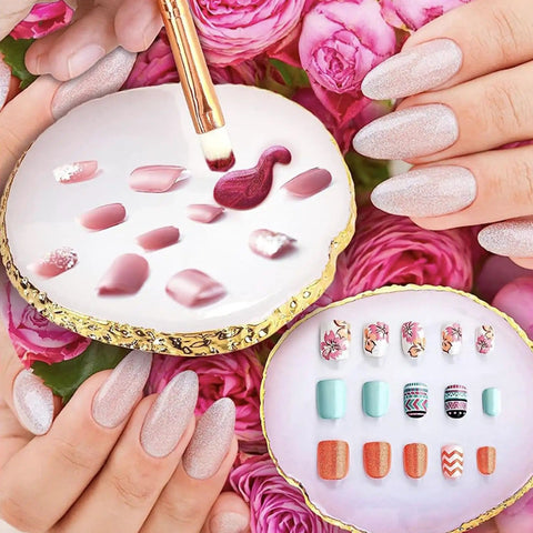Nail Art Brush Kit 22 Piece Set With 2 Way Acrylic Silicone Engraving Pens Dotting Tools And Resin Nail Art Palette For DIY Nail Art At Home Salon Display Board White showing design samples on agate palette.