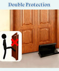 Top Shelf Heavy Duty Door Barricade Security Lock Travel Safe Kick Resistant Floor Brace Solid Aluminum Alloy Bulletproof Portable Hotel Room Anti Theft Shield securing a wooden door against forced entry.