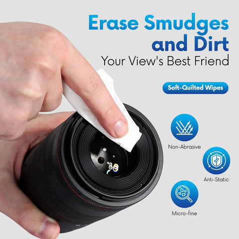 Lens wipes for eyeglasses; pre-moistened, non-abrasive and anti-static, used on camera lens