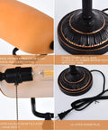 Close-up details of Bankers Desk Lamp With USB Port, Dope Rustic Oil Rubbed Bronze Finish, Pull Chain Desk Light With Amber Glass Shade