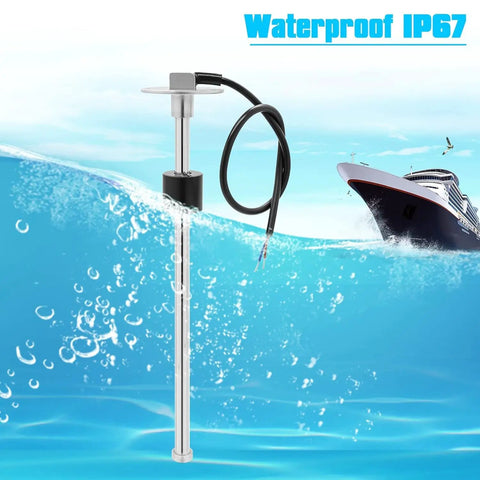 No-Hassle Plug And Play Fuel Tank Sending Unit And Water Level Gauge For Boats Trucks And Cars SAE Five Hole 0 To 190 Ohms 150 MM in water with boat background.