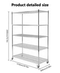 Detailed dimensions of Hella Tough 5 Tier Wire Shelving Cart With Rolling Casters Adjustable Heavy Duty Storage Rack.