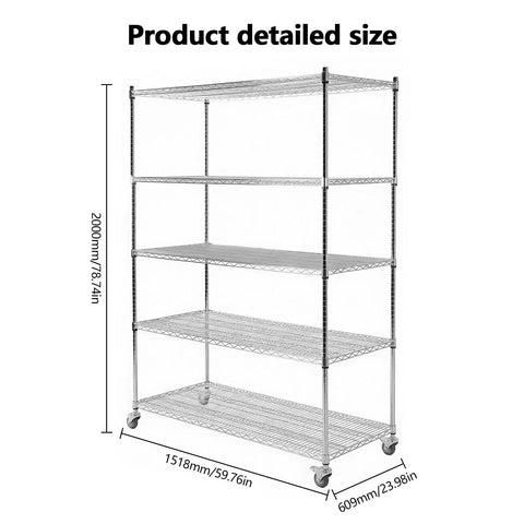 Heavy Duty Five Tier Wire Shelving Unit With Fully Adjustable Height And Precision Rolling Wheels For Rock Solid Garage And Warehouse Storage Workhorse, detailed size image.