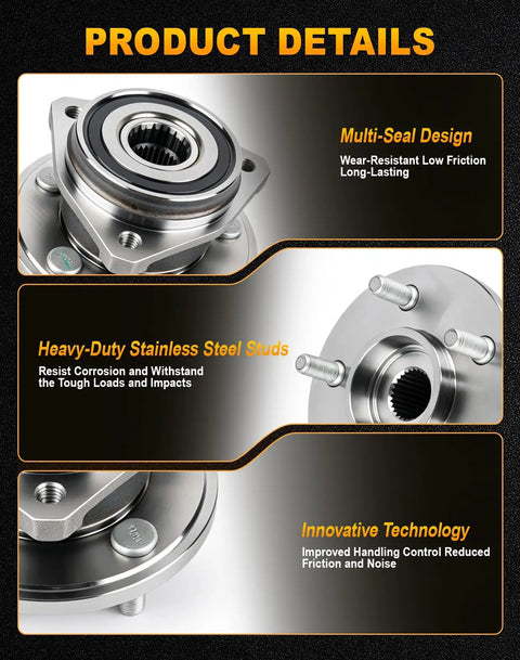 Close-up of Front Wheel Hub and Bearing Assembly 5 Lug ABS Built Rock Hard for Jeep, showcasing multi-seal design and stainless steel studs.