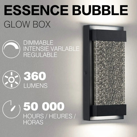 Glass Bubble LED Wall Sconce For Indoor Outdoor Use With Matte Black Finish And Essence Bubble Glass And Rectangular Crystal Accent, Dimmable