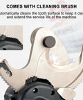 Close-up of Beast Mode Rechargeable Ratchet Cable Cutter's gear mechanism and cleaning brush feature with 18V power pack.