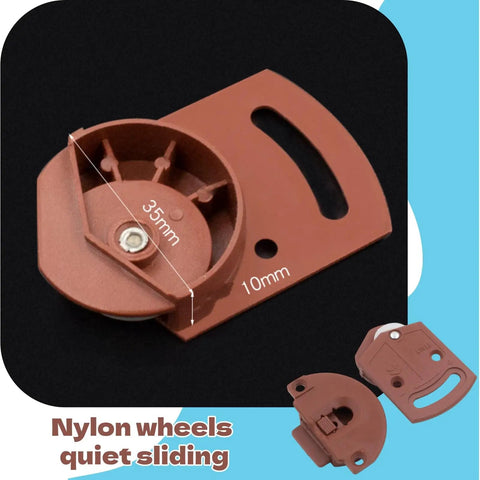 Smooth Operator Wardrobe Rollers And Quiet Nylon Closet Door Pulleys Straight Up Heavy Duty Cabinet Track Hardware With Mounting Screws No Sweat Install Zero Noise Vibe Full Set close-up of dark red nylon wheel with measurement details