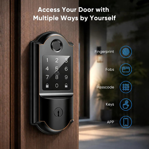 Slick Keyless Entry Smart Lock Featuring Auto Locking Fingerprint Reader on wood door, showcasing keypad and fingerprint access.