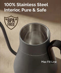 Top view of a grey Gooseneck Electric Kettle With Precise Temperature Control Plus Or Minus One Degree Fahrenheit, BPA Free Stainless Steel Interior, 1500W Fast Heating, Perfect For Pour Over Coffee And Tea At Home, Boil Water Quickly, 0.9 Liter.
