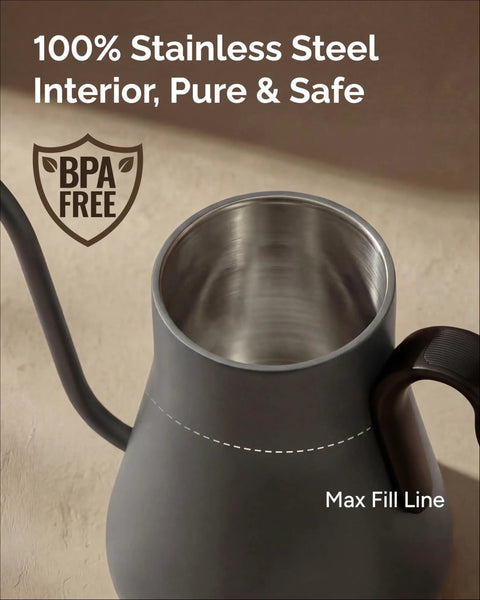 Top view of a grey Gooseneck Electric Kettle With Precise Temperature Control Plus Or Minus One Degree Fahrenheit, BPA Free Stainless Steel Interior, 1500W Fast Heating, Perfect For Pour Over Coffee And Tea At Home, Boil Water Quickly, 0.9 Liter.