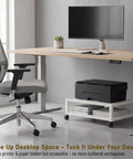 Totally Slick Two Tier Rolling Printer Stand Under Desk With Open Bottom Shelf And Heavy Duty Swivel Casters For Zero Hassle Home Office Workspace Organization White with printer and desk setup.
