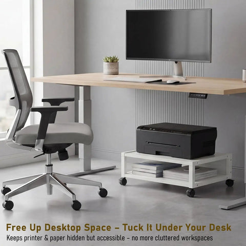 Totally Slick Two Tier Rolling Printer Stand Under Desk With Open Bottom Shelf And Heavy Duty Swivel Casters For Zero Hassle Home Office Workspace Organization White with printer and desk setup.