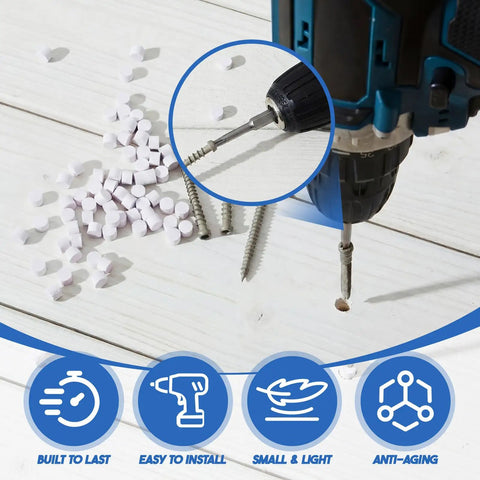 Top Shelf Polymer Deck Plugs For PVC Composite Boards 0.28 Inch Purple With T20 Torx Driver Tool laid beside screws and drill.