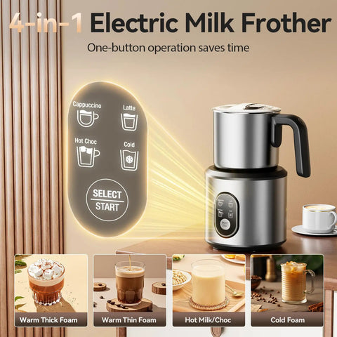 Barista Quality Home Milk Frother And Warmer With Heating Function Four In One Hot And Cold Foam Maker, stainless jug, control panel visible