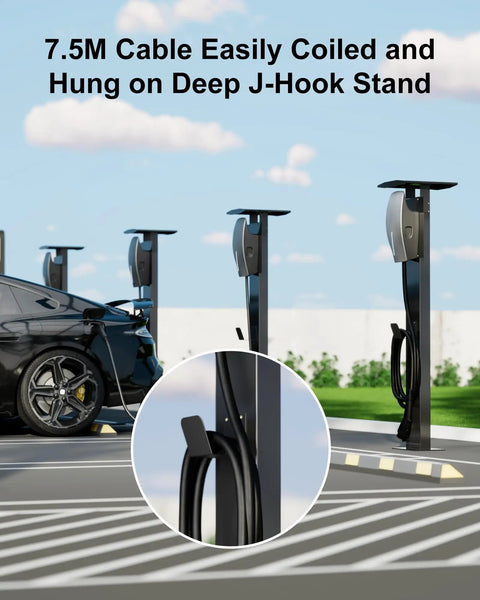 All Weather Rated Outdoor Electric Charger Pedestal Stand, Freestanding Level 2 Charging Station Mount with J-Hook for cable storage.