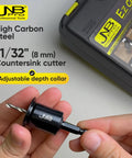 Heavy Duty Edge Banding Hole Puncher Kit With Two Premium Steel Countersink Bits And Tough Hex Wrenches For Slick Concealed Fastener Setup On Every Shop Floor Build. Close-up of 11/32" countersink cutter in hand.