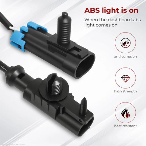 Two black ABS wheel speed sensor assemblies with blue locking clips and wiring connectors