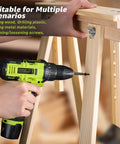 Pro Level 12V Cordless Drill And Driver Kit With Quick Charge Battery And Slick Carry Case Featuring A Dynamic High Torque Motor For Gritty Diy Projects And Home Fixes, drilling into wood with a black and green drill.