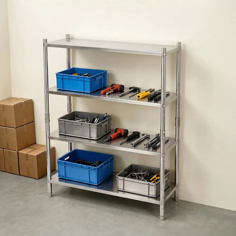 Heavy Duty Stainless Steel Garage Shelves With Adjustable Height And Built Like A Tank Design Supporting 330 Pounds Per Shelf, organized with tools