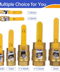 Assorted brass ball valves with handles, highlighting the 1-1/4 inch Beefy Brass Ball Valve, ideal for water shutoff applications.