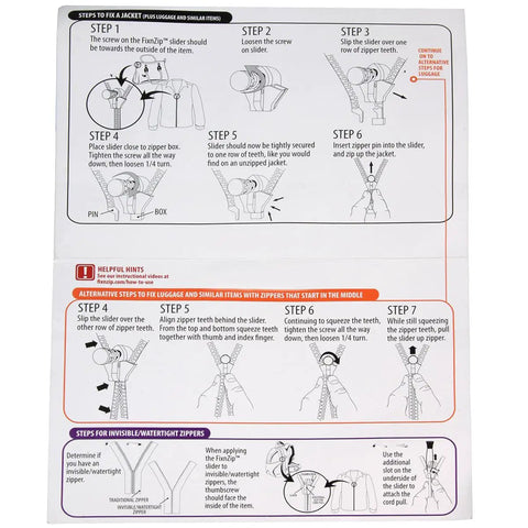Instruction sheet for Three Piece Zipper Repair Kit With Multiple Sized Sliders In Nickel Or Graphite Finish For Quick Fixes To Broken Zippers