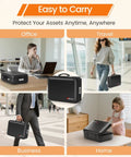 Fireproof Document Box With Lock For Your Important Papers Passport Certificates And Laptop, Tough 5200F Fire Resistance Water Resistant Hard Case File Organizer UL-94 VTM-0 Certified Black shown in various settings including office, travel, business, and home.
