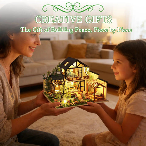 Mother and daughter holding DIY Miniature House Kit With LED Lights, Wooden Dollhouse Craft Kit For Adults And Teens, Tiny Bamboo Stream Garden Dollhouse.