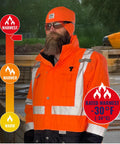 Man wearing High Visibility Reflective Thermal Jacket Set With Outer Rain Shell Four In One Design For Work In Minus Thirty Fahrenheit Weather in orange.