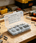 800 Pcs Round Head Self Tapping Screws M2 Carbon Steel Assorted Kit in plastic box on wooden workbench with tools