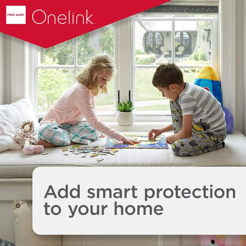 Children playing by window with Onelink safety message, promoting 2-In-1 Smoke And Carbon Monoxide Detector Battery Powered.