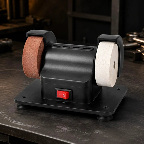 Top Shelf Twin Wheel Bench Grinder With Straightforward Rocker Switch Heavy Duty Electric Edger featuring twin wheels and durable steel guard.